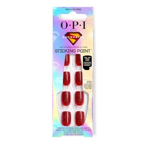 image:imageOPI Sticking Point  Instant No Glue Press On Nails  30 Count with Adhesive Tabs  Round Almond amp Square Shapes  DamageFree Wear  Supergirl Limited Edition CollectionRedy to Argo  Medium Square Opaque Bright Warm Red with Gold Glitter