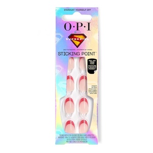 image:imageOPI Sticking Point  Instant No Glue Press On Nails  30 Count with Adhesive Tabs  Round Almond amp Square Shapes  DamageFree Wear  Supergirl Limited Edition CollectionStardust Yourself Off  Short Round Opaque Soft Warm Nude Red Glitter Frech Tip